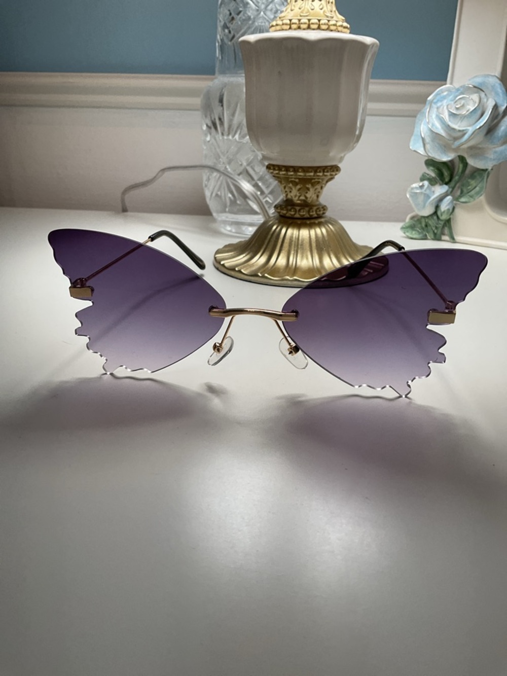 Y2K Gradient Purple Rimless Butterfly Sunglasses Gold Tone Frameless Eyewear